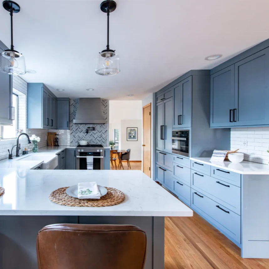 High End Modern U-Shape Kitchen With Blue Timeless Shaker Cabinets Customized Kitchen Cabinet Designs