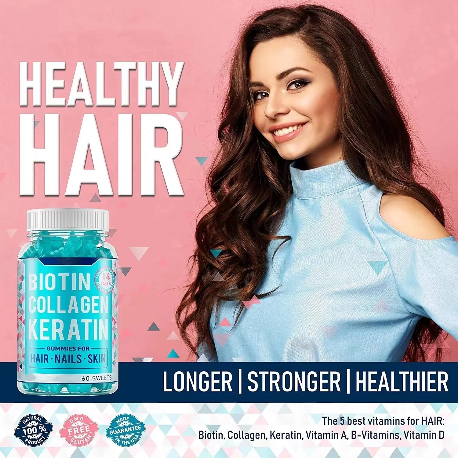 Фирменная марка для роста волос Max Strength Biotin 10000mcg жевательные волосы кожи ногтей резинки 3 в