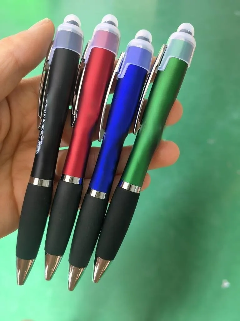 Stylo promotional pen laser enhraved logo custom led light up pens with stylus with custom light logo