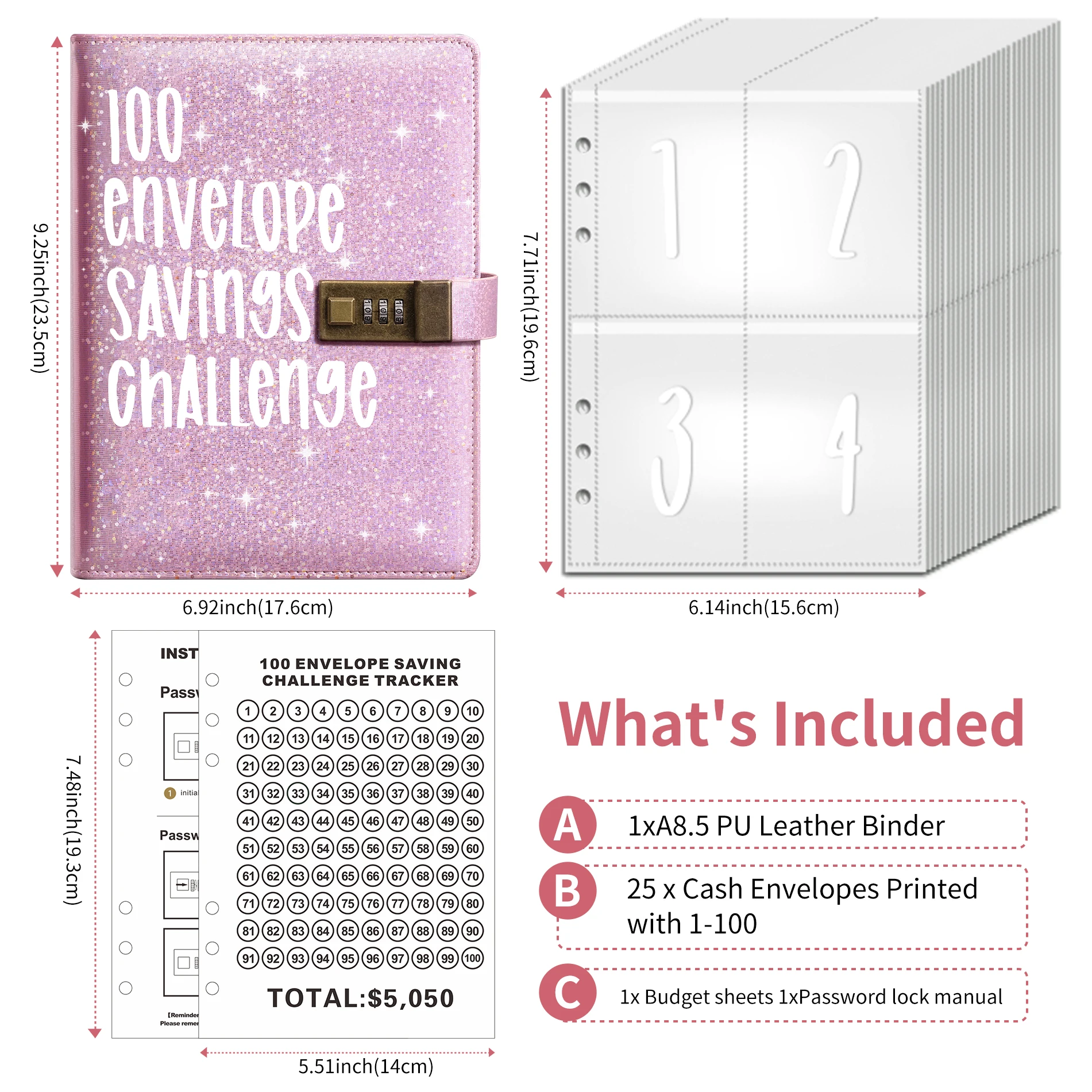 100 конверты для экономии денег Challenge A5 Pink Budget Binder с кодовым замком