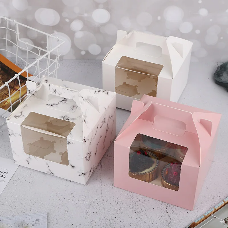 pink 4 holes cupcake packaging box with handle and window