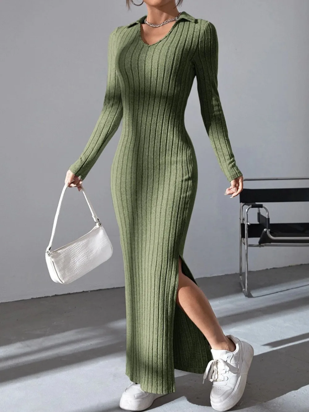 New Spring/Summer 2024 knitted slim lapel long sleeve dress for dropshipping evening dresses