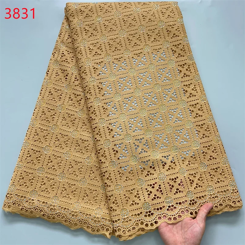 3831Luxury High Quality African Embroidery Cotton Lace Fabric With Shiny Crystals Swiss Lace For Dresses Sewing