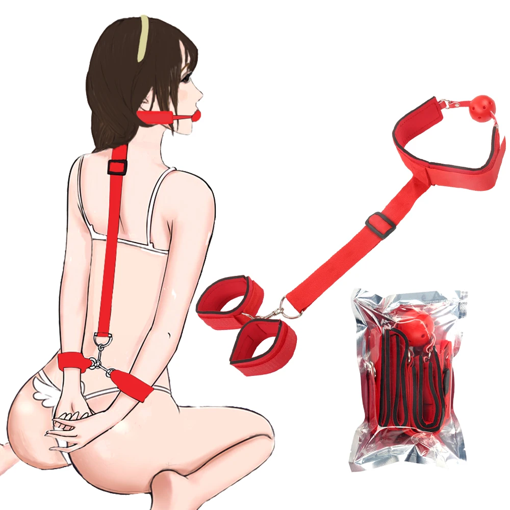 Sex SM Nylon back handcuffs mouth ball gag plug bondage neck cuffs collar binding strap