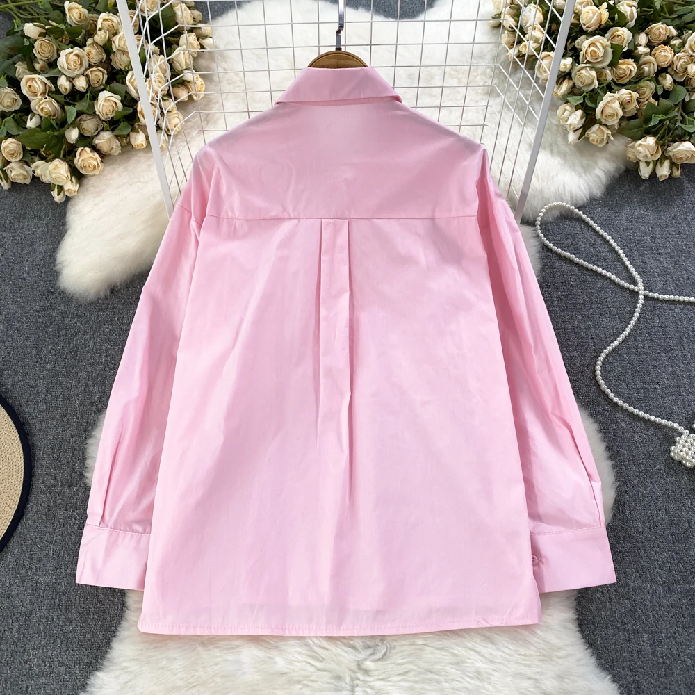Custom Autumn Fashionable Long Sleeve Sweet Blouse Flower Decoration Loose Shirt For Women Casual Korean Style Top Outwear