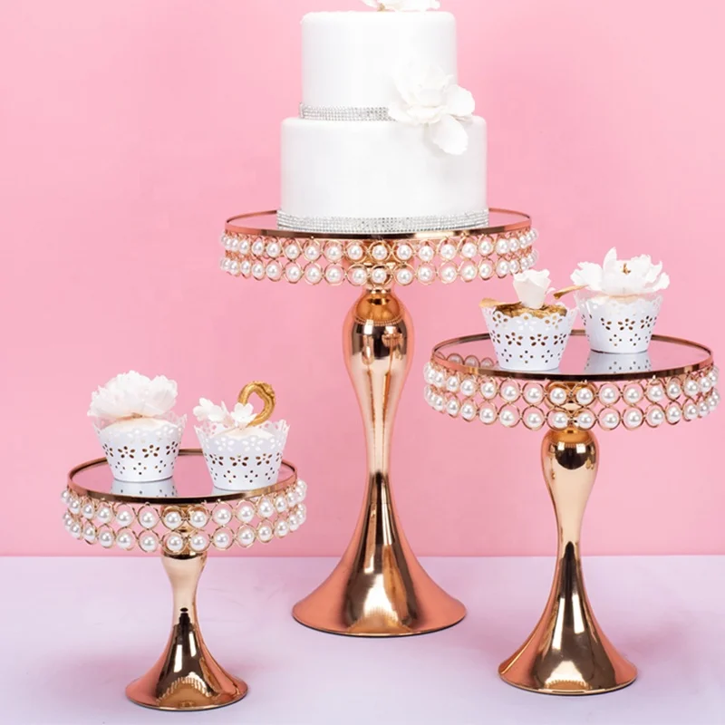 
luxury metal mirror Pearl cake stand set gold silver wedding decorations supplies party Dessert stand topper round Separable 