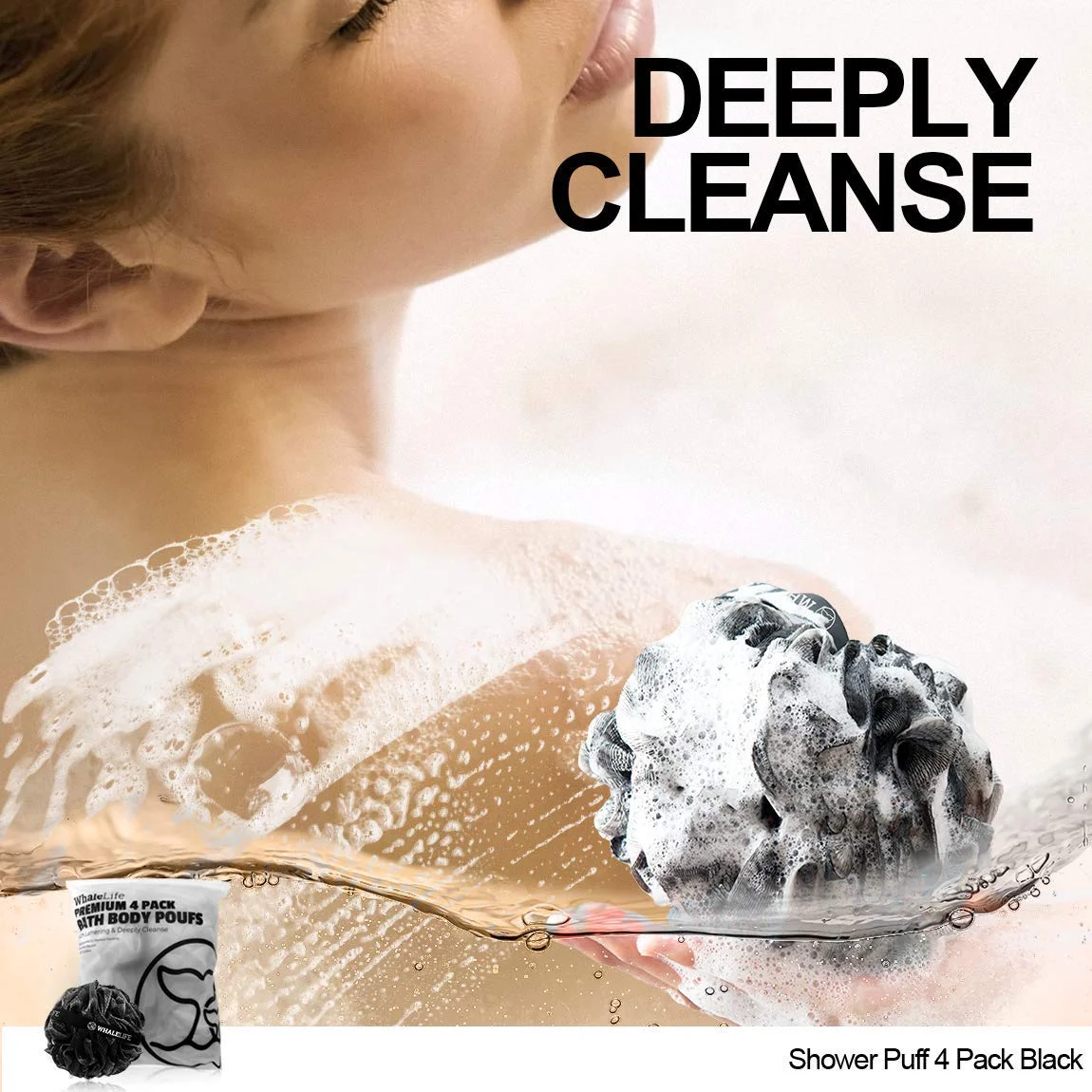 Shower Puff 4 Pack Black Bath Sponge Shower Loofahs, Ramie Hemp Mesh Sisal Bath Body Puff Pouf Shower Exfoliating Loofah Sponge