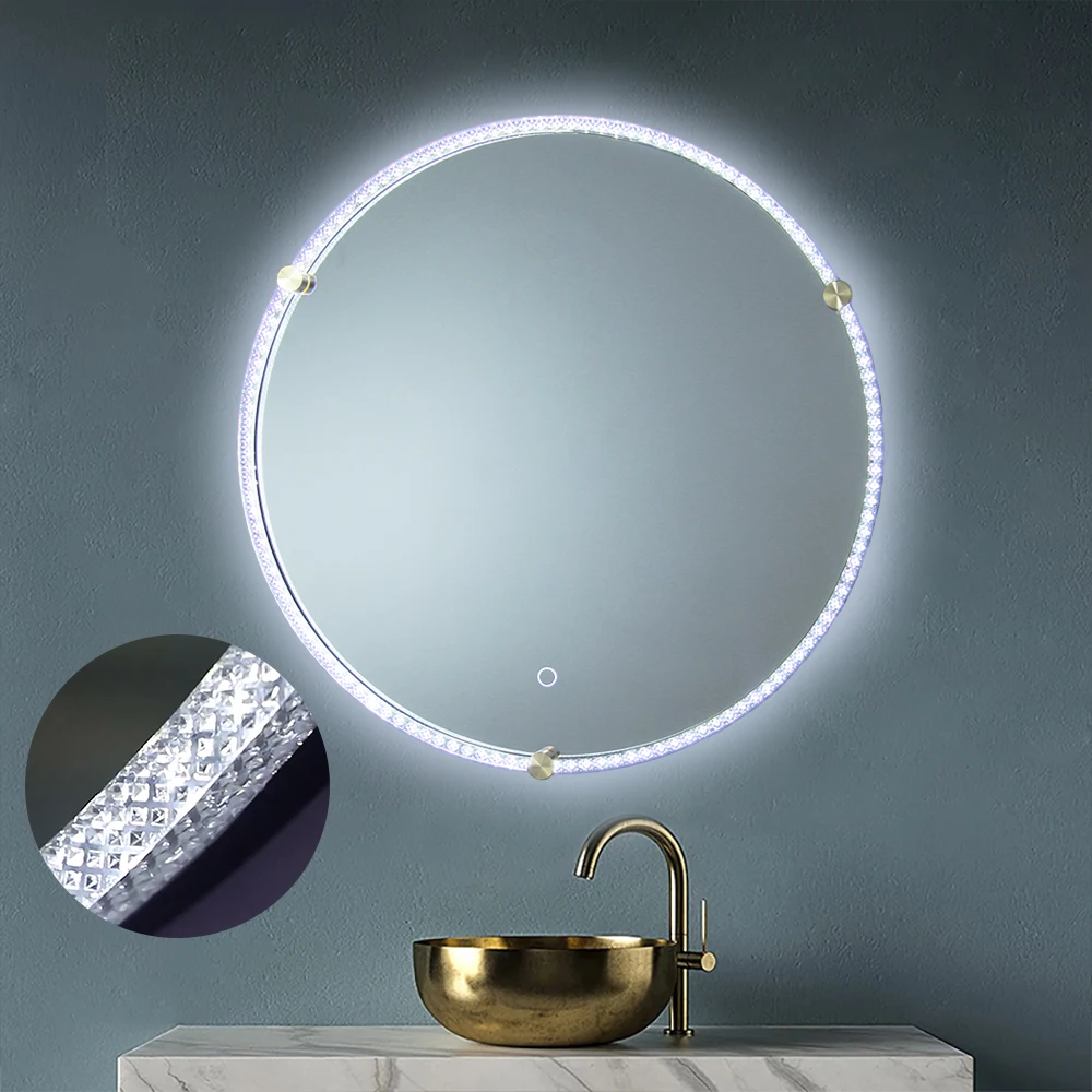 3 Color Lights/Brightness Dimmer Diamond Crystal Acrylic Framed with LED Light Round Wall Bathroom Mirror LED Smart Mirror