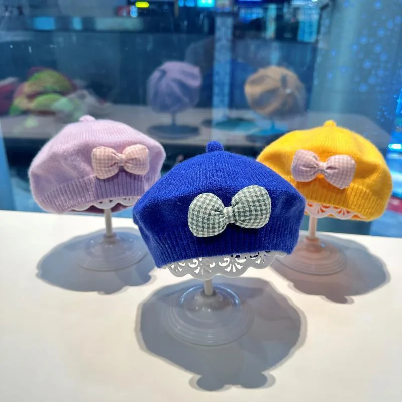 Autumn Winter Korean Fashion Berets Hat for Kids Solid Warm Knitted Baby Girls Caps with Bowknot Design Wholesale