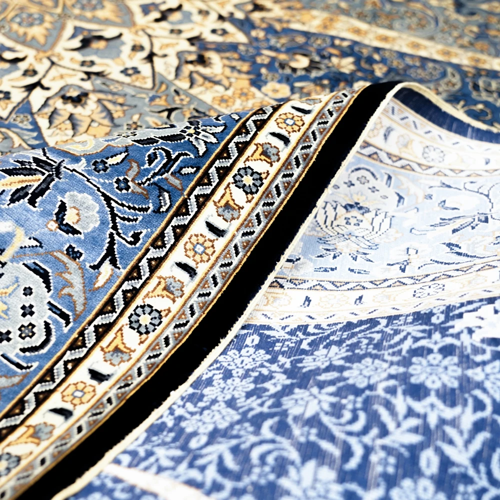 Pure Silk Handmade Turkey Dubai Indian Factory Samarkand Blue Turkish Carpet for Living Room