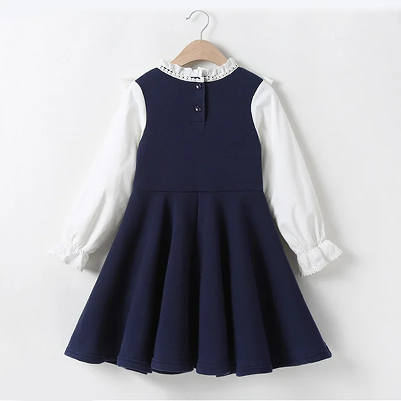 Autumn New Girls School Clothing Dress Baby Casual Dress Kids  Blue White Patchwork Clothes Children Long Sleeve lace Dress
