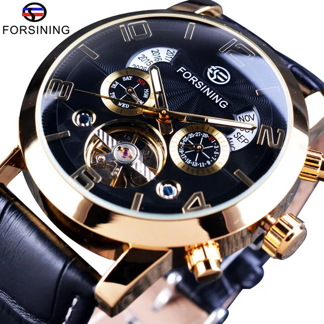 Forsining Watch Top Brand Black Golden Wave Dial Fashion Casual Design Mechanical Mens Watch Automatic Watches Men Wrist