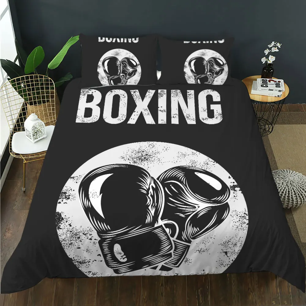 Adult black boxing match printed bedding 3 piece set for boys and teenagers sports soft polyester duvet cover set
