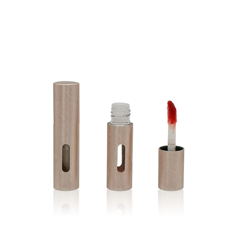 Empty mini 2.5ml rose gold brushed metal/aluminum lip gloss tubes/container/vial with double windows and doe foot applicator