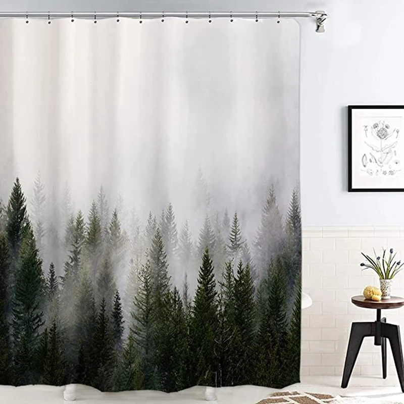 Fashional design misty forest logo waterproof polyester bathroom shower curtains with hooks