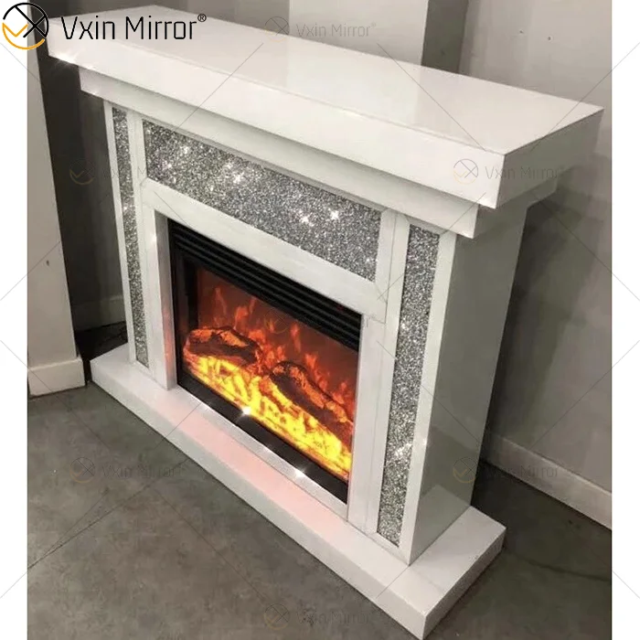 Elegant Indoor crushed diamond crystal white Glass mirror fireplace in  living room furniture