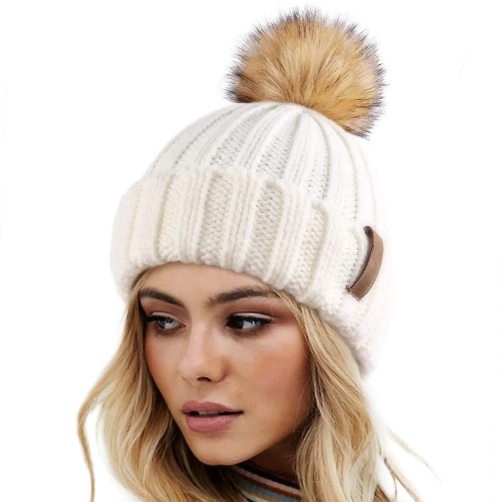 Hot Sale Women Winter Knitted Beanie Hat With Faux Fur Pom Pom Warm Knit Skull Cap Beanie With Logo Custom