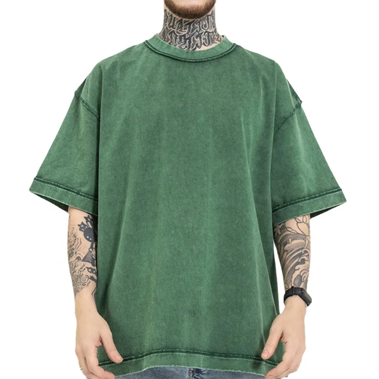 Custom Cut And Sew T Shirt 100% Cotton Graphic Printing Heavyweight Bleach Acid Washed Vintage Plus Size Men Oversize Tshirt
