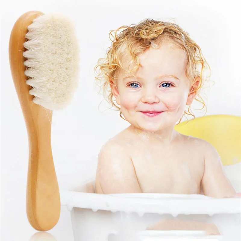 Newborns Toddlers Natural Wooded Handle Super Soft Smooth Goat Bristles Baby Hair Cradle Cap Brush