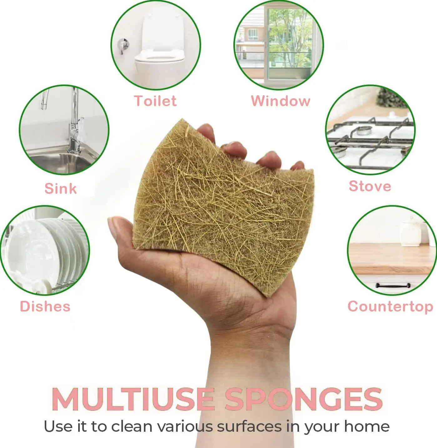 Biodegradable Natural Kitchen Sponge Compostable Cellulose and Coconut Walnut Scrubber Eco Friendly