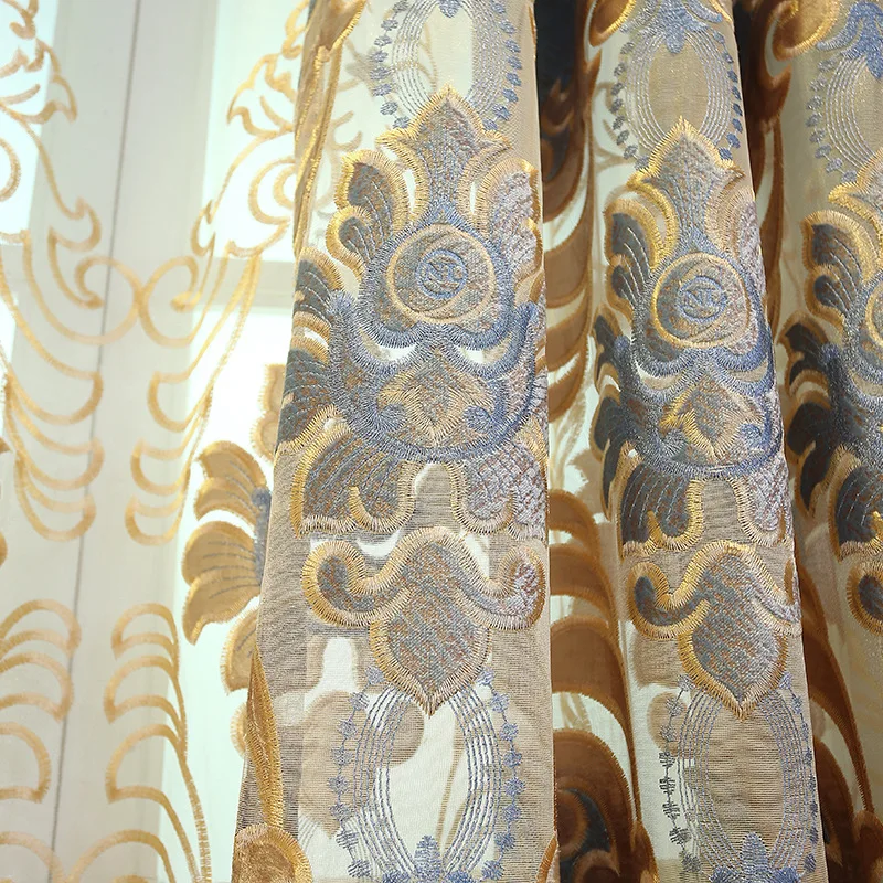 Wholesale European Style Drapes Luxury Cloth Curtains with Flower Embroidery for Living Room Bedroom Villa
