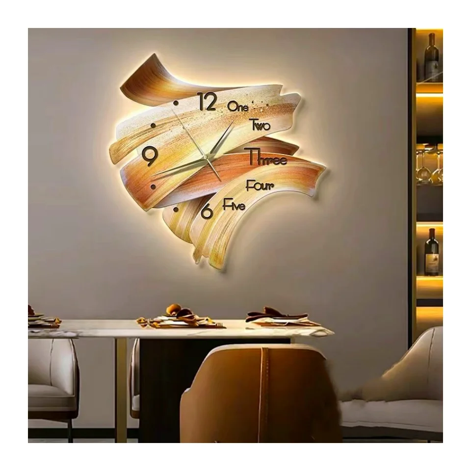 New Trend Modern Abstract green orange uv cutting edge hand-crafted wall home LED with clock decor for living room wall decor
