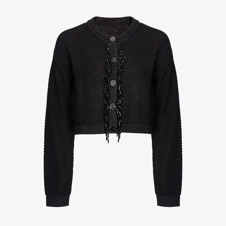 Factory Custom solid color round neck long sleeve single breasted beading cardigan jacket for women casual knit sweater cardigan