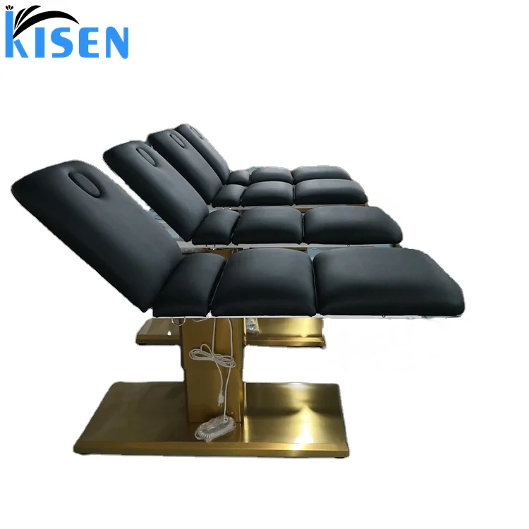 Kisen saloon equipments beauty salon furniture 3 motors massage spa tables hydraulic black electric facial bed with golden base