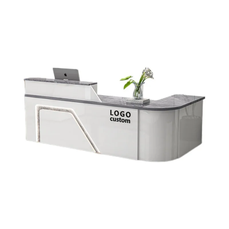 Nordic Style Wooden Beauty Salon Counter Front Desk Wood Color Office Reception Table With Led Light Factory Wholesale