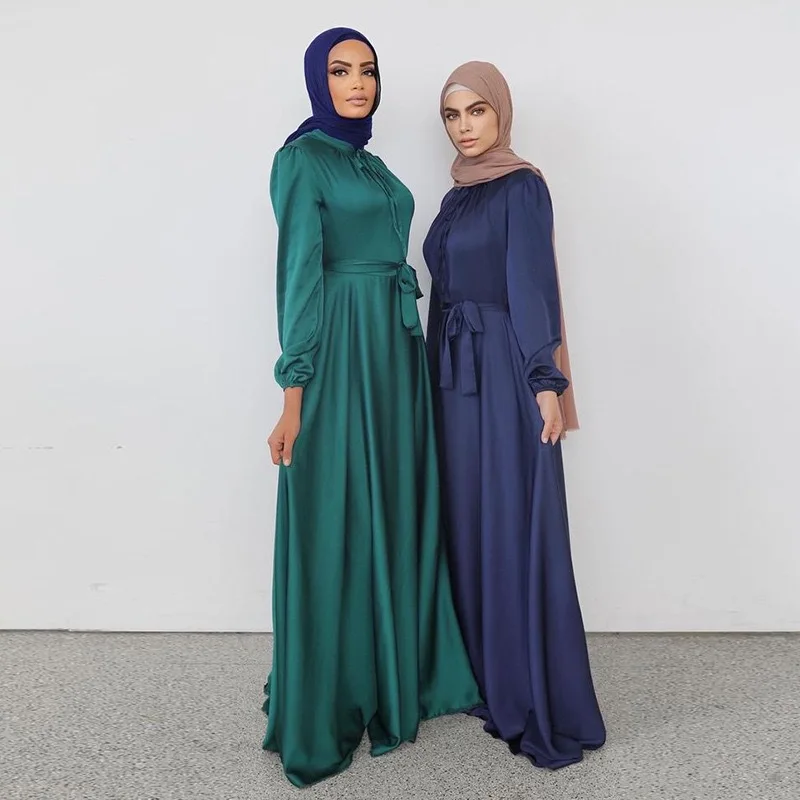 Muslim Fashion Women Full Sleeve Dresses Casual Muslim Belted Party Robe Abaya Dubai