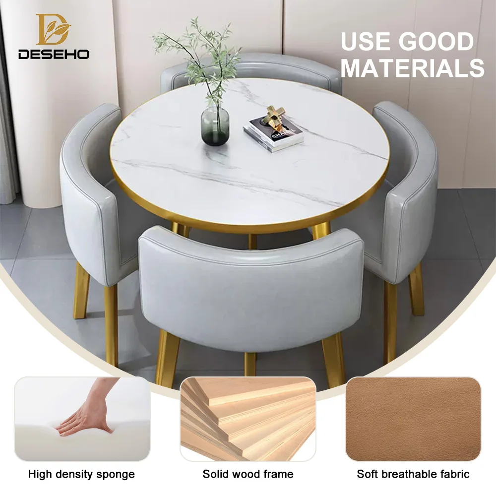 Gold Nordic Dining Table Set With Four Wood Seater Chairs Restaurant Home Dine Room Luxury Modern Marble Round Dining Tables