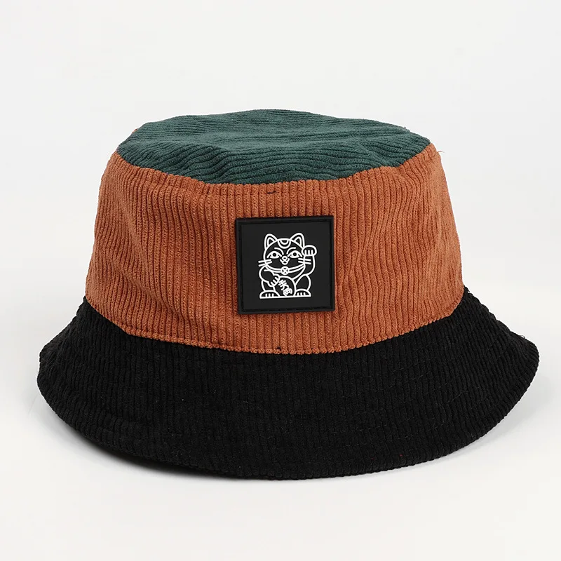 wholesale high quality corduroy bucket cap two tone bucket hat with rubber patch