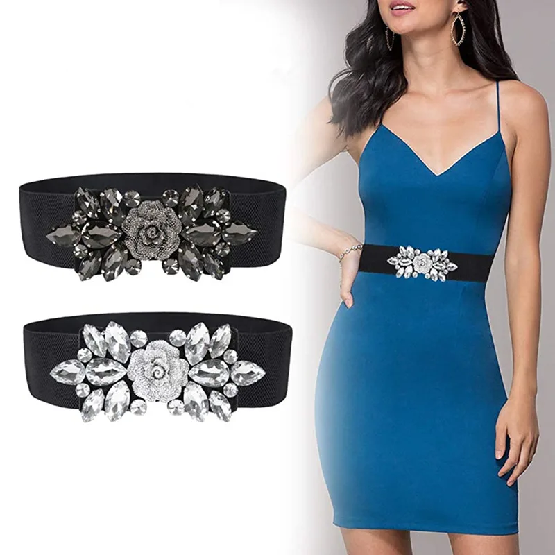 Women Elegant Black White Yellow Stone Decorative Blingbling Rhinestone Elastic Dress Belt Lady