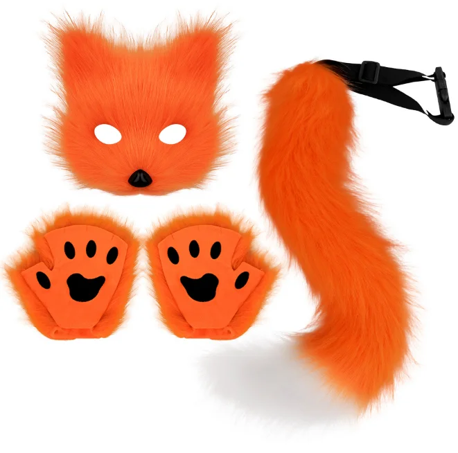 ecoparty  Fluffy Fur Fox Tail Keychain Cat Paws Gloves And Wolf Therian Mask Set For Halloween Cosplay Costume Accessories Sets