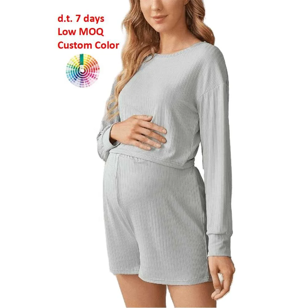 
M044 Drop Shoulder Long Sleeve Maternity Clothes Pajama Tee and Shorts Lounge Set 
