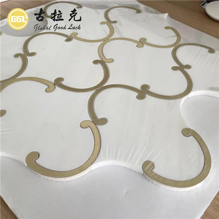 Marble mix Brass Waterjet Mosaic Tile Lantern Shape Oriental White mix Brass Mosaic Tile