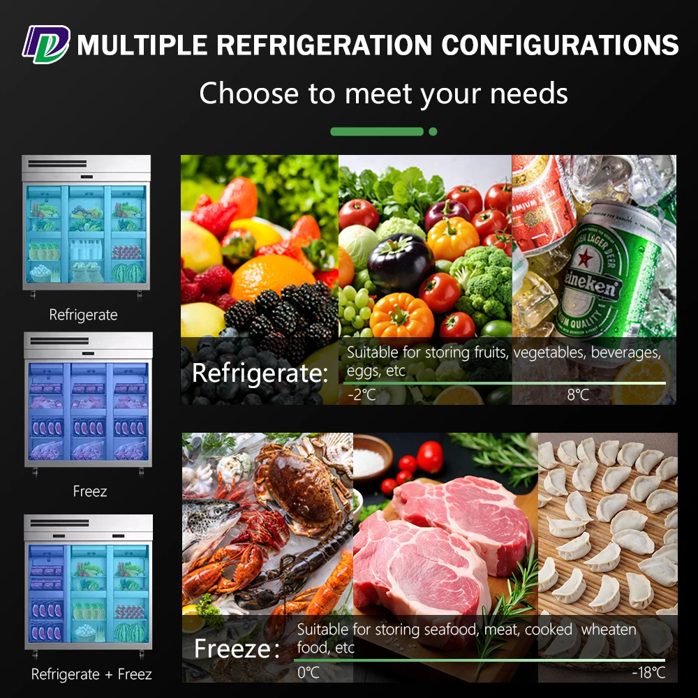 Commercial kitchen air cooling restaurant supply refrigerator 1440L volume catering stainless steel 6 doors fridge freezer