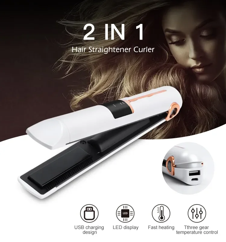 2 in 1 Cordless Flat Iron Curler Portable Wireless Mini USB Rechargeable 400 Degree Hair Straightener