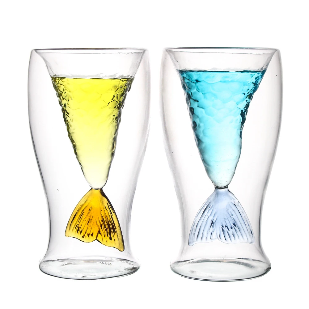 Double Wall Glass Cup Fishtail Cup Shot Glasses Colorful High Borosilicate  Tableware American Style Stock Glass Goblet