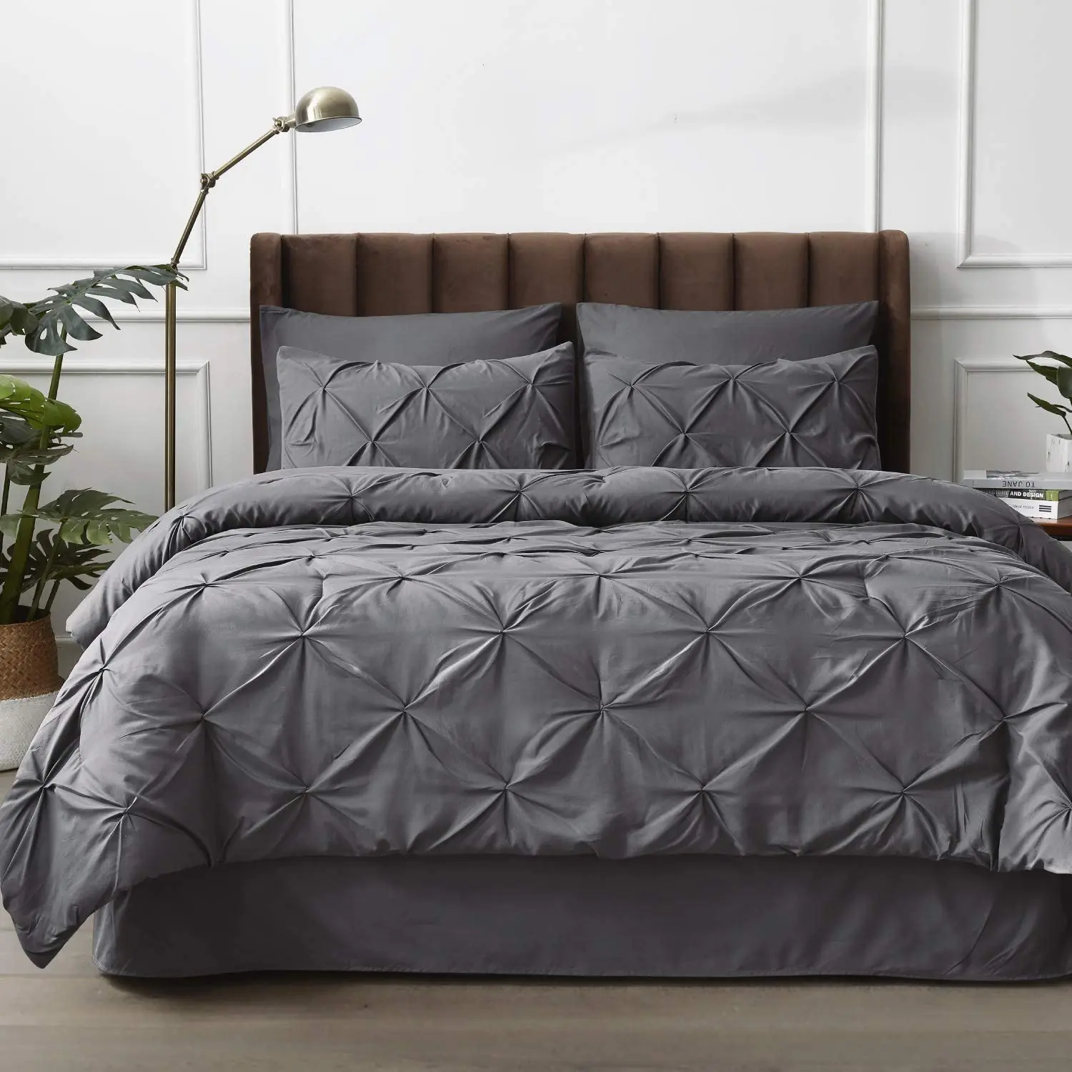 Dark Grey  Bedding Comforter Sets 8 Pieces Pintuck Bed Comforters, Duvet quilt Sheets, Pillowcases & Shams