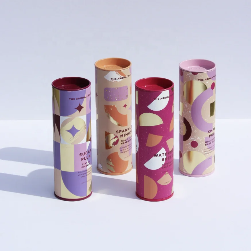 wholesale manufacturer cosmetic nozzle bottle tin can paper tube embossed metal lid round shape paper box