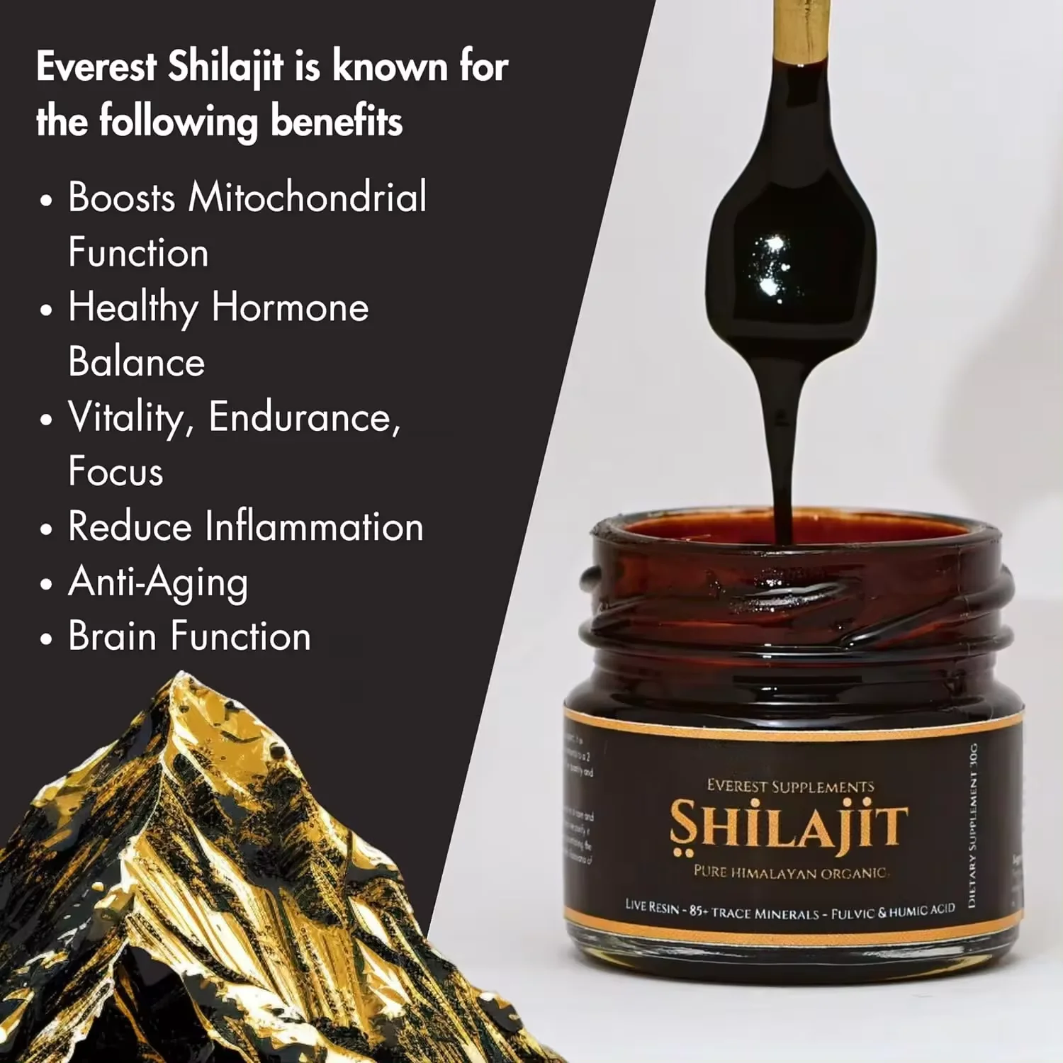 Himalayan Shilajit Resin,Gold Grade 100% Pure Shilajit With Fulvic Acid & 85+ Trace Minerals Complex for Immune Support