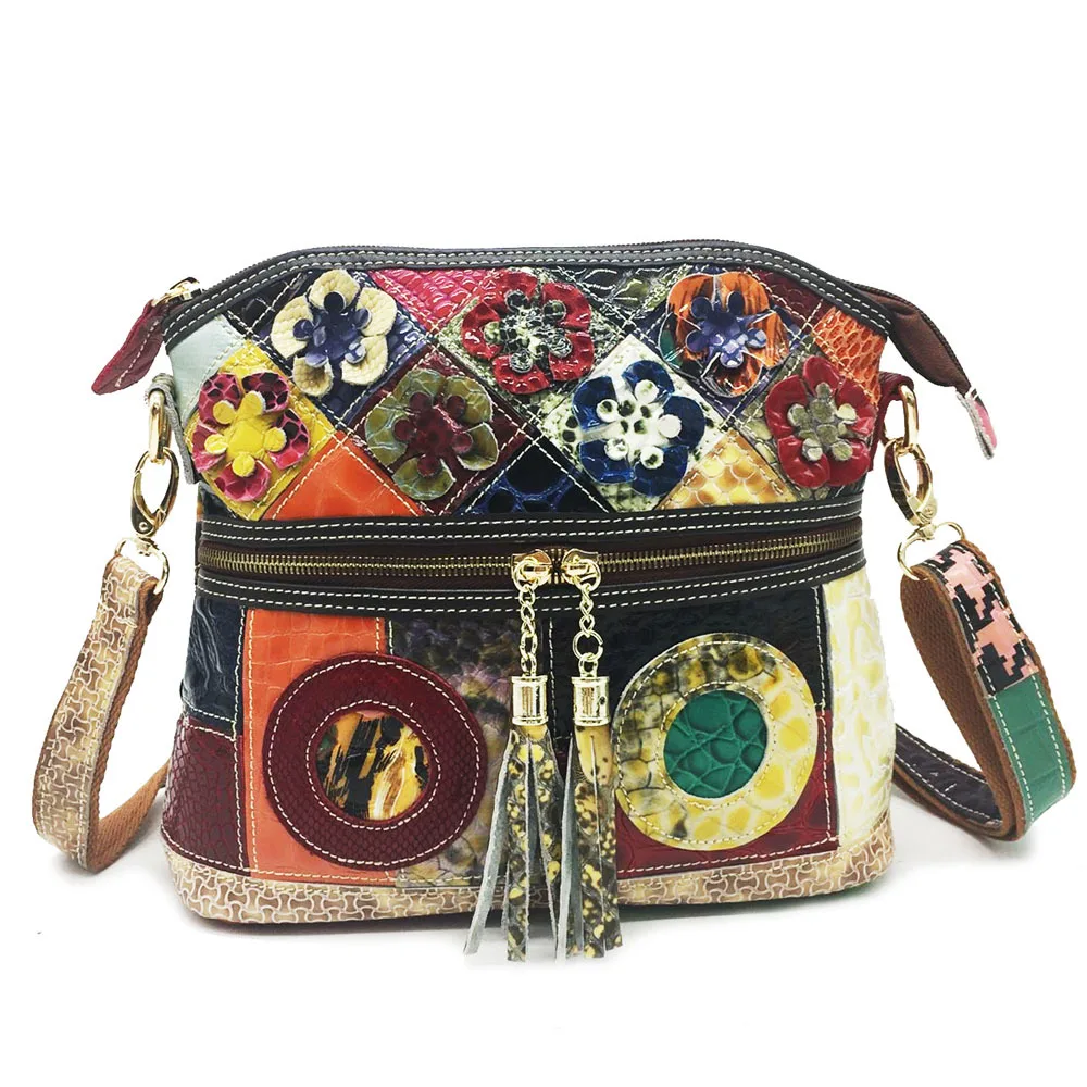 designer fashion boutique woman lady vintage street bohemian contrast color flower patchwork leather shoulder bag crossbody bag