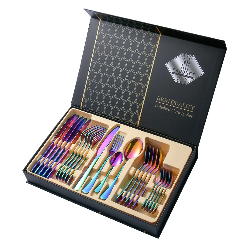 
High Quality Colorful Stainless Steel Cutlery Set Mirror Polishing 24pcs WIth Gift Box 