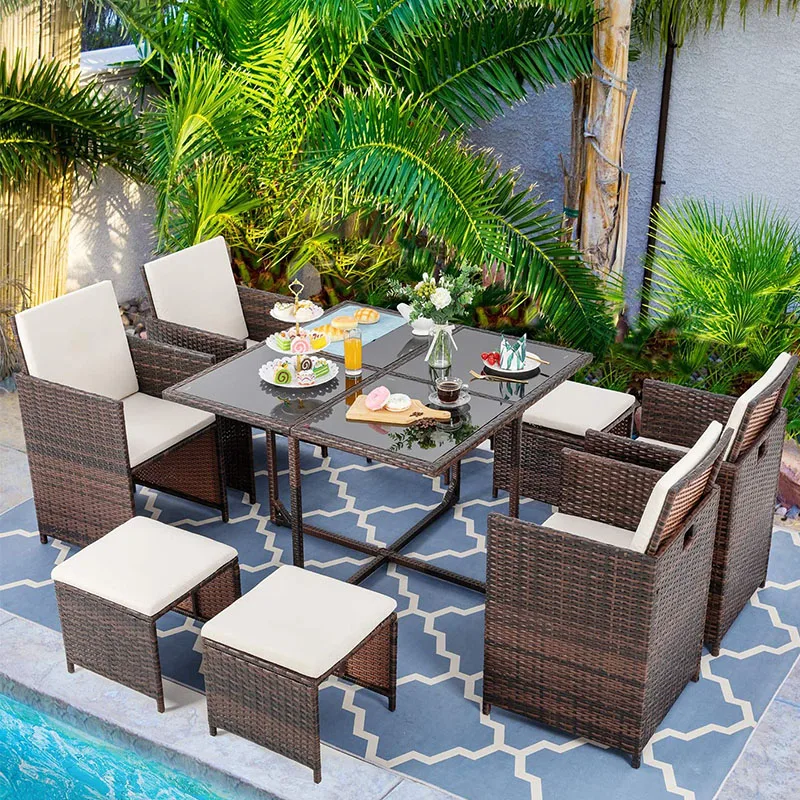 9 Piece Small Patio Dining Set Lawn Outdoor Garden Backyard Patio PE Wicker Rattan Furniture Set