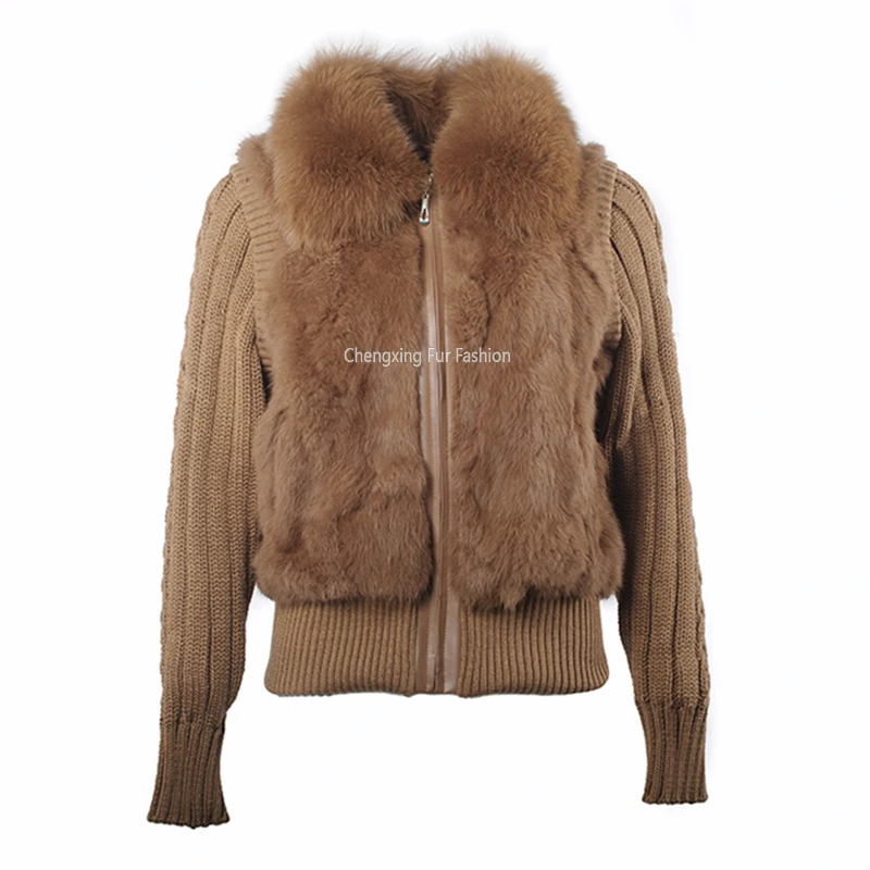 CX-G-A-283C New Natural Rabbit Fur Jacket With Real Fox Fur Collar Real Rabbit Fur Coat In Stock