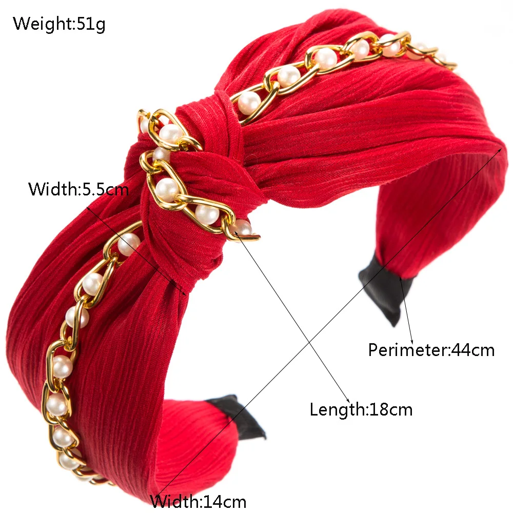 Wholesale Trendy Ladies Elegant And Luxurious Pearl Metal Chain With Wide Edge Decoration Hair Band Silk Headband