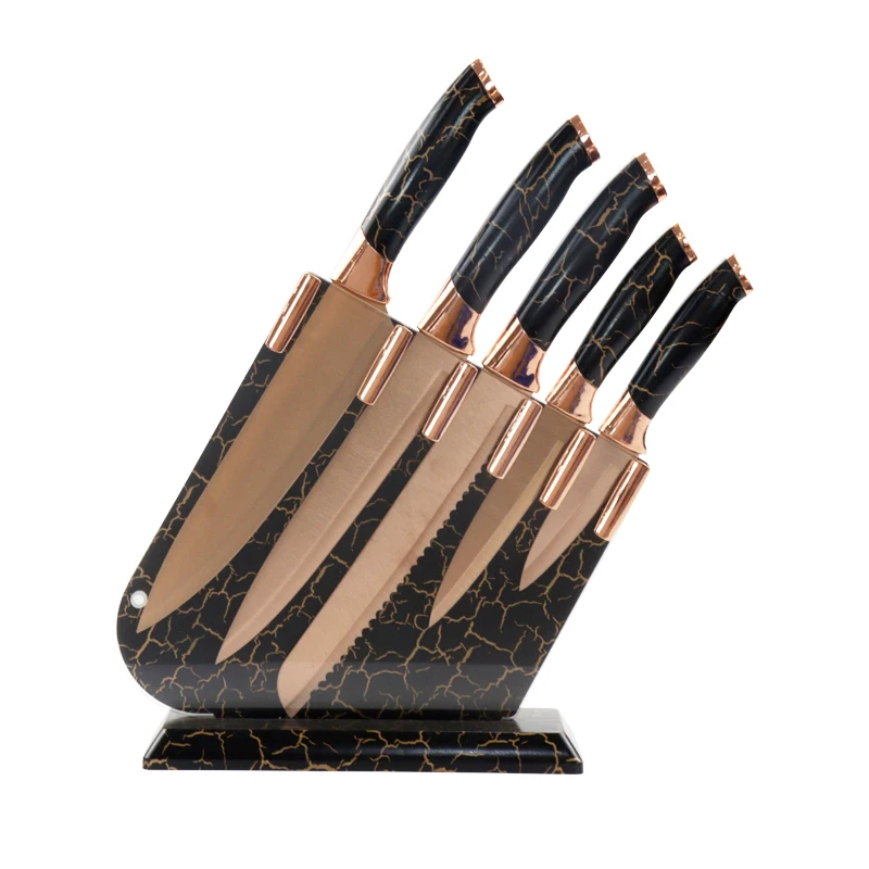 TUOMEI Morden Luxury 6Pcs Kitchen Knife Set Black Lightning Handle Stainless Steel Kitchen Knife Set With Holder