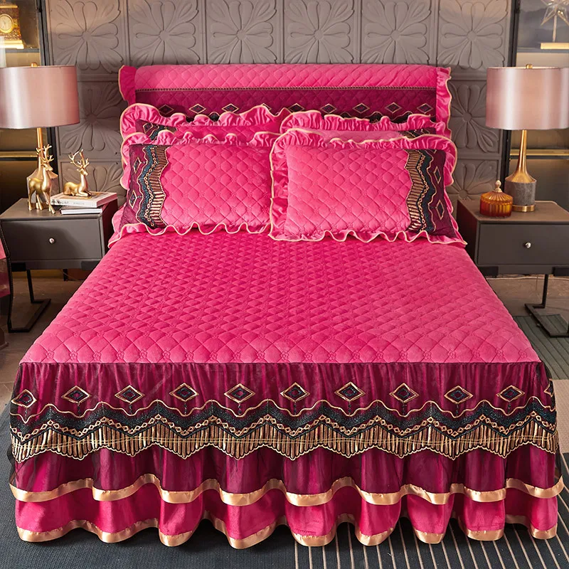 High-quality Bed Skirt with quilted milk fleece Bedspread 3 Side Dust Pleats Pleats fit sheets