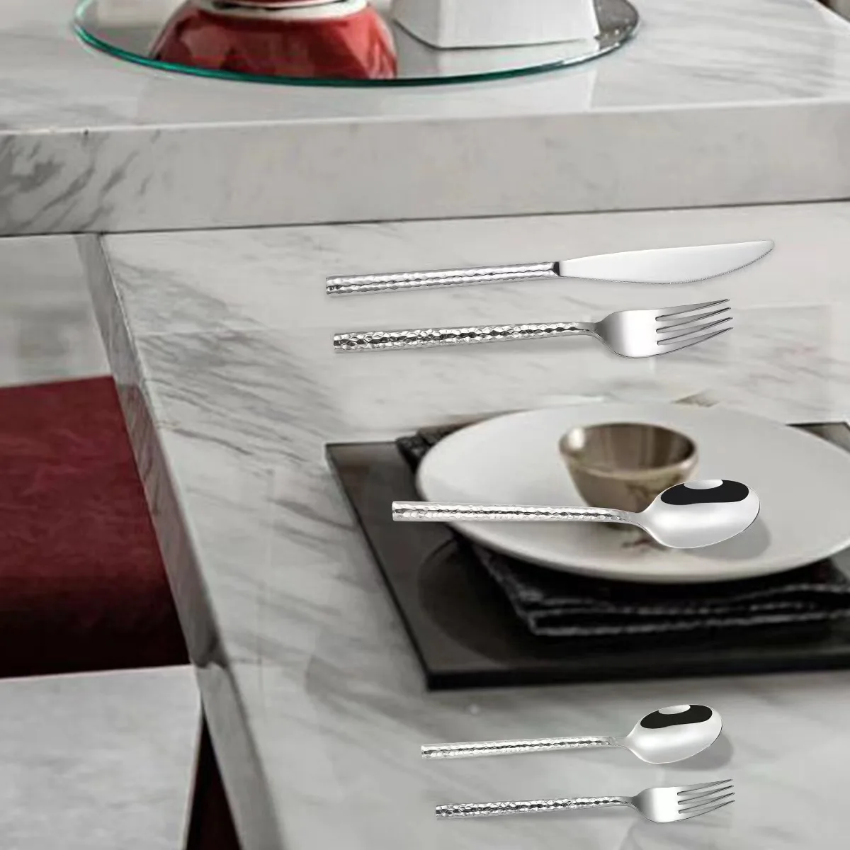 5 Pcs Creative Hammered Pattern Cutlery Set Western Stainless Steel Knife Fork Spoon Dinnerware Set Kitchen Tableware